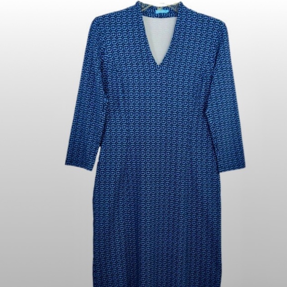 J. McLaughlin Catalina Cloth Ivana Dress Size Small Navy Blue Ikat Geo Stretch - Picture 1 of 6